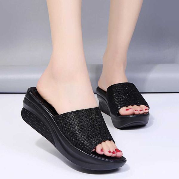 

rome slipper shoes summer sandals beach wedges outside slides zapatos de mujer sequins ladies qq633 210625, Black
