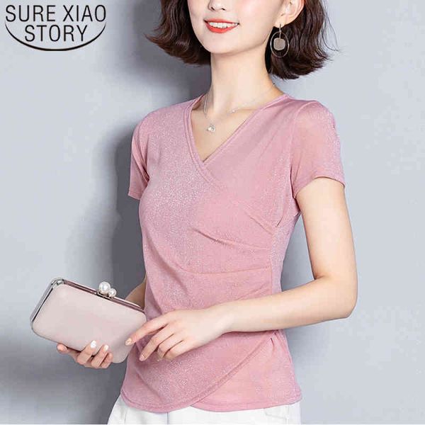 

fashion summer blouses v-neck slim office lady's solid short sleeve women plus size shirts 4855 50 210508, White