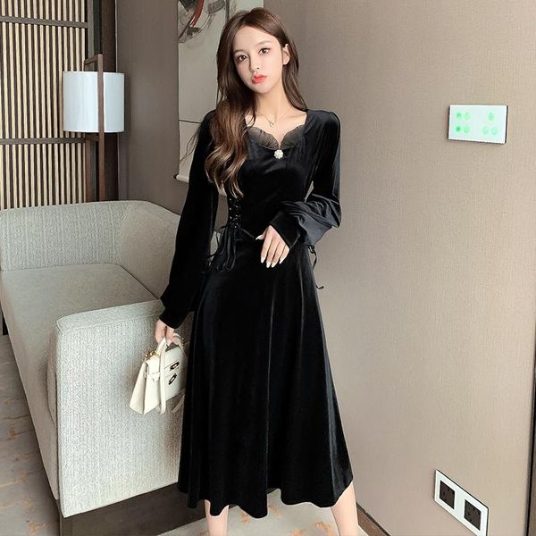 

casual dresses coigarsam french style full sleeve women dress vintage v-neck 6321, Black;gray
