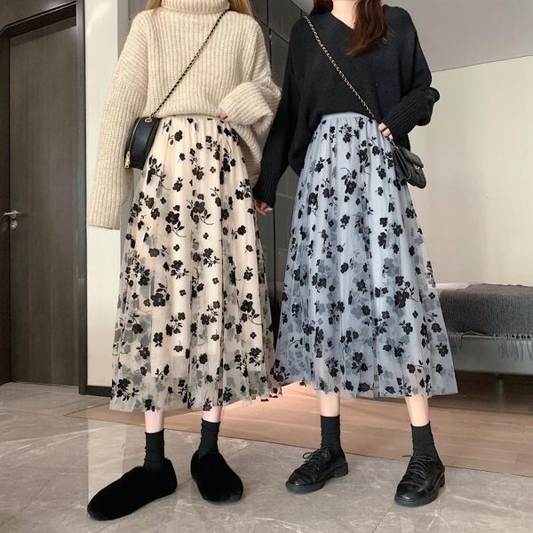 

skirts neophil 2021 summer women tulle mesh midi 3 layers floral puffy pleated high waist casual fashion skirt saias jupe s21305, Black