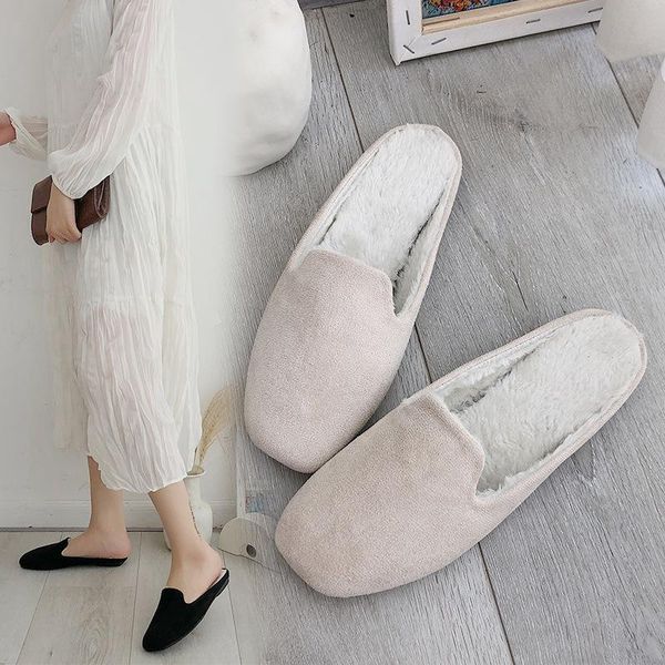 

slippers closed toe outside shallow fluffy fur women flat with casual ladies slides fashion solid winter shoes, Black