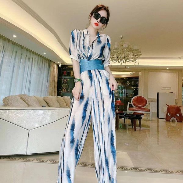 

women's two piece pants women 's suit summer young and middle-aged korean -style short-sleeved high waist wide-legged - set, White
