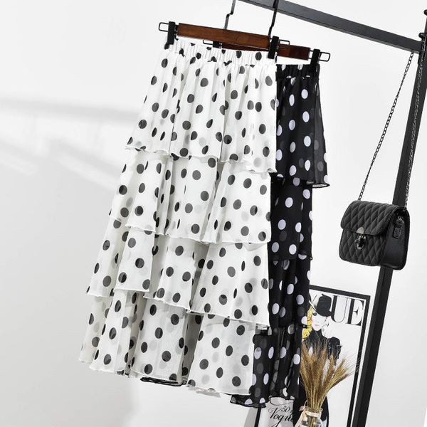 

skirts gowyimmes 2021 spring women midi-long dot chiffon skirt fashion slim lady elastic waist multi-layer girlcake pd286, Black