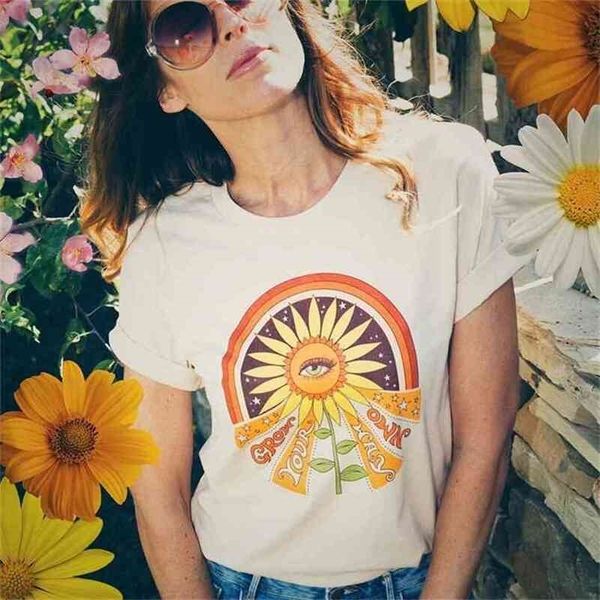 

vintage sunflower printed women funny t shirt loose cotton short sleeve summer aesthetic western shirts 210512, White