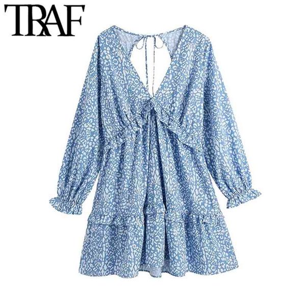 

traf women chic fashion animal print ruffle mini dress vintage backless bow tied side zipper female dresses vestidos 210701, Black;gray