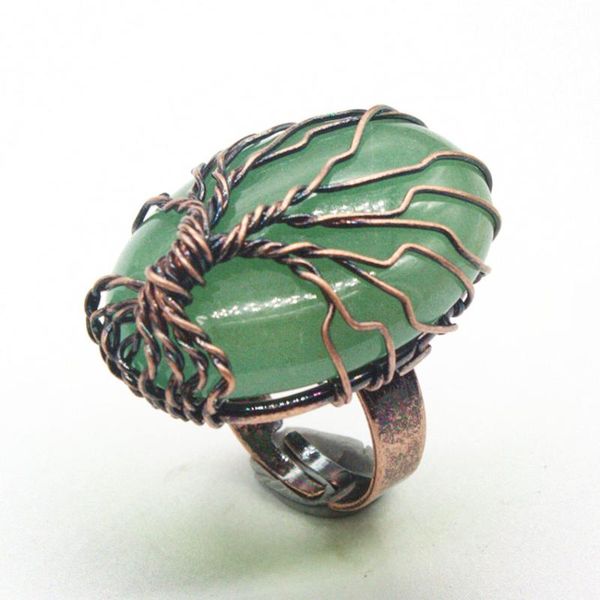 

cluster rings kraft-beads copper wire wrap oval shape resizable natural green aventurine tree of life jewelry, Golden;silver