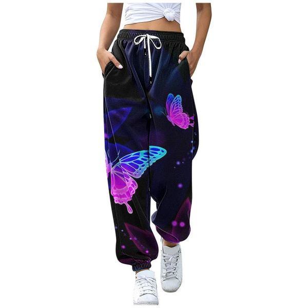 

women's pants & capris women butterfly pattern print harajuku joggers wide leg sweatpants trousers casual elastic high waist streetwear, Black;white