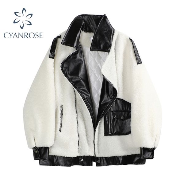 

autumn winter lamb wool jacket women patchwork leather coat lapel buckle cool pilot thick warm loose motorcycle jackets female 210515, Black;brown