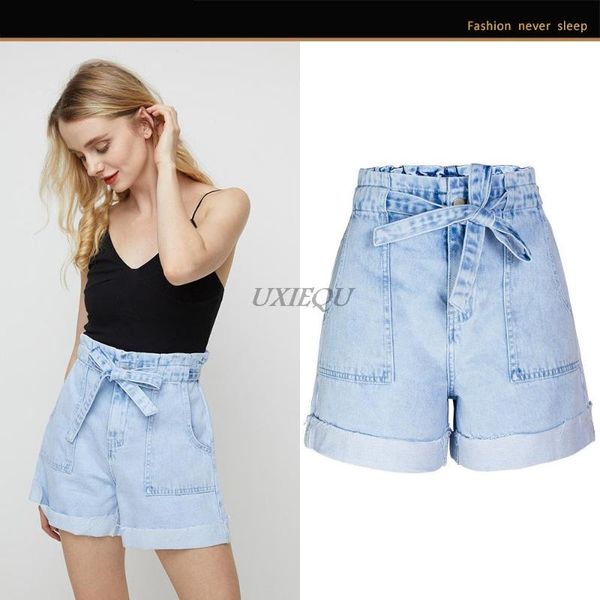 

women's jeans denim shorts solid color wide-leg elastic waist loose curled high, Blue