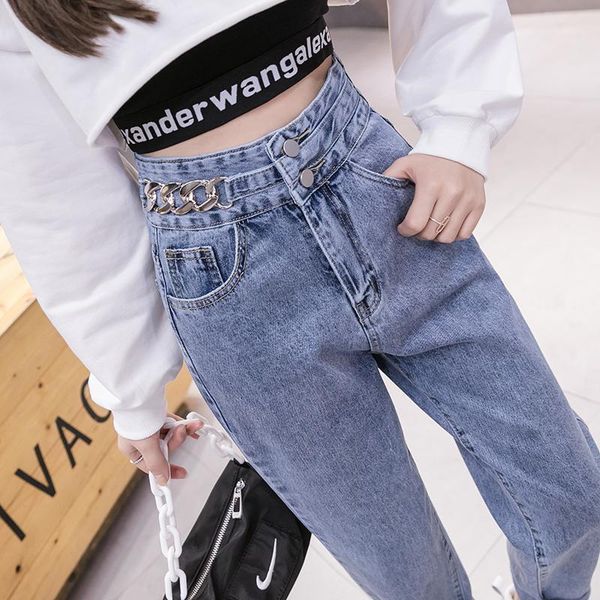 

women's jeans casual high-waist straight cow trousers 2021 autumn loose and thin harem pants korean fashion clothing, Blue