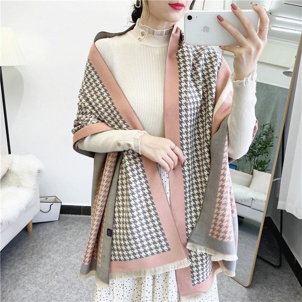

scarves winter women scarf houndstooth stripe cashmere pashmina lady thick warm blanket shawl wraps 180*65 cm, Blue;gray