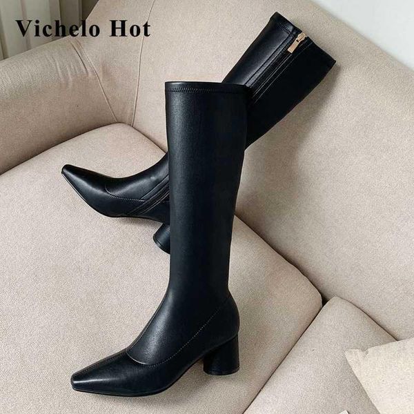 

boots vichelo arrival small square toe high heels elegant lady daily wear modern fashion winter keep warm knee-high l531, Black