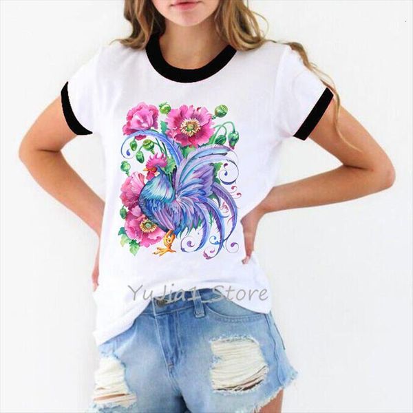 

flowers rooster animal print womens t shirt ropa mujer summer clothes outwear camiseta funny tees custom, White