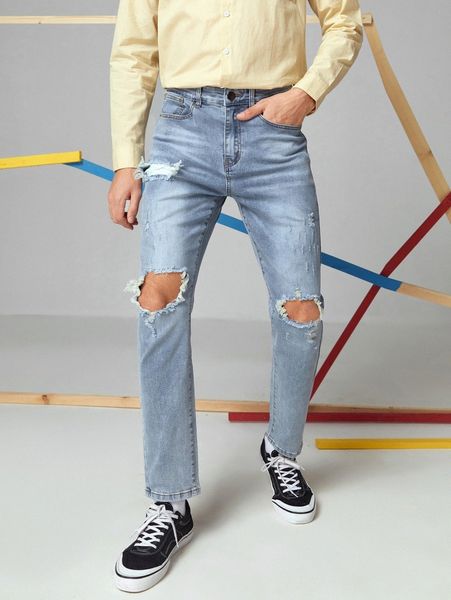 

men stone wash slant pocket ripped jeans v4un#, Blue