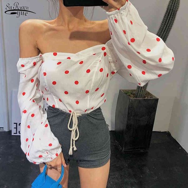 

retro style polka dot square collar wrapped bubble sleeve shirt chic female shirts elegant short blouse 13314 210521, White