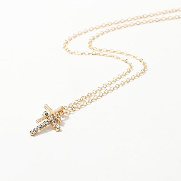 

vintage fashion double cross necklaces for women girls zircon rhinestone pendant gold color temoerament accessories chains, Silver