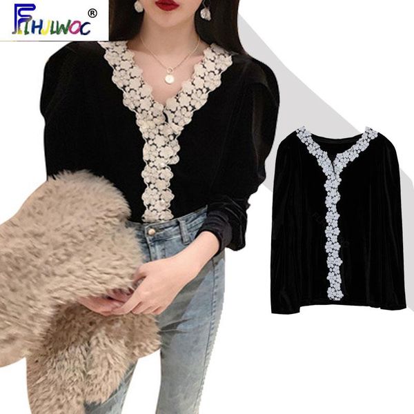 

spring fall basic shirts women fashion long sleeve parchwork white lace hollow out face velvet blouse 3003 women's blouses &