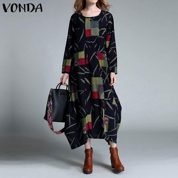 

casual dresses women floral dress asymmetric long 2021 vonda vintage sleeve vestidos ladies fashion sundress s-5xl, Black;gray