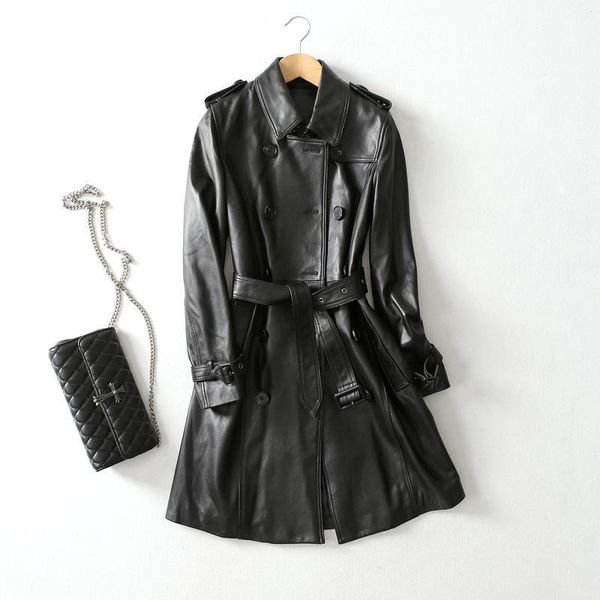 

women's trench coats leather women 2021 winter real sheepskin genuine black long coat classic double breasted windbreaker, Tan;black