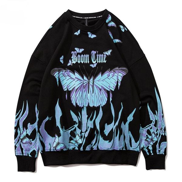 

men's hoodies & sweatshirts sweatshirt men blue flame butterfly print hip hop pullover o-neck cozy harajuku high street streetwear aut, Black