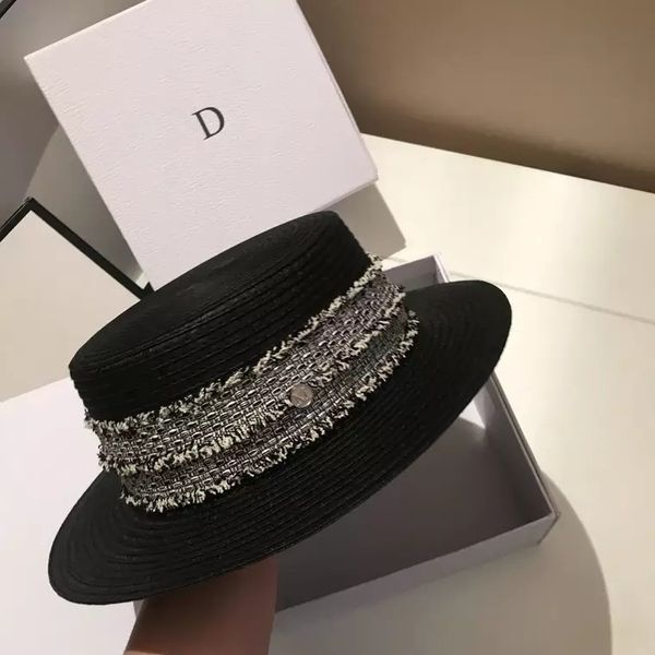 

french hepburn lady flat hat pure color woven holiday sun visor hat net red with m-standard tassel ribbon, Black;white
