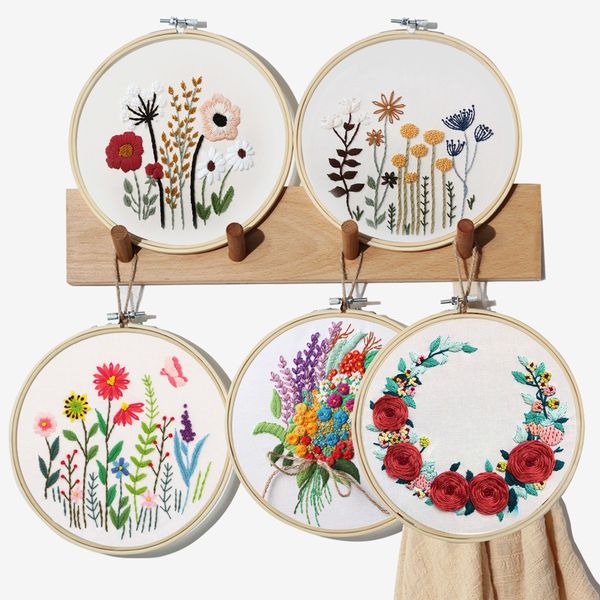 

25 designs beginners of embroidery diy kit + bamboo hoop thread flowers plants pattern cross stitch sewing tools punch needle