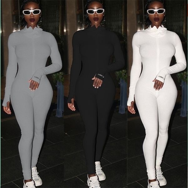 

women solid autumn winter long sleeve jumpsuit bodycon fitness slim zipper rompers bodysuit skinny jogger playsuits 210520, Black;white