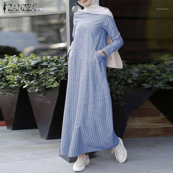 

spring kaftan women striped cotton linen maxi sundress zanzea vintage casual long sleeve dress female muslim vestidos dresses, Black;gray