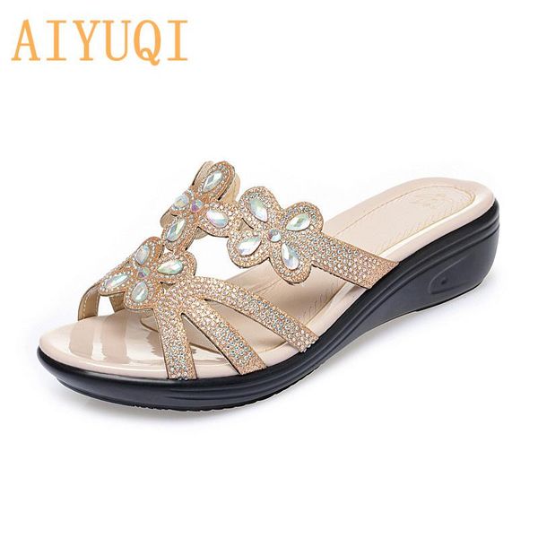 

women's slippers shining water drill summer wedges large size 41 42 43 casual women slides drag mom fashion ladies, Black