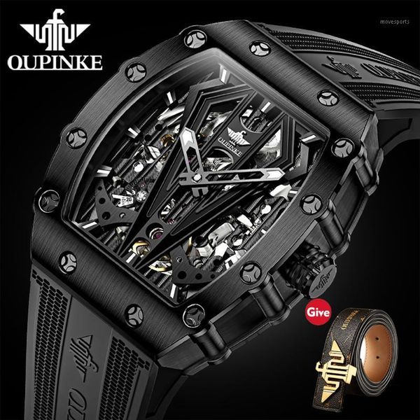 

design automatic mechanical men watches luxury skeleton waterproof wristwatch black rubber strap sapphire clock wristwatches, Slivery;brown