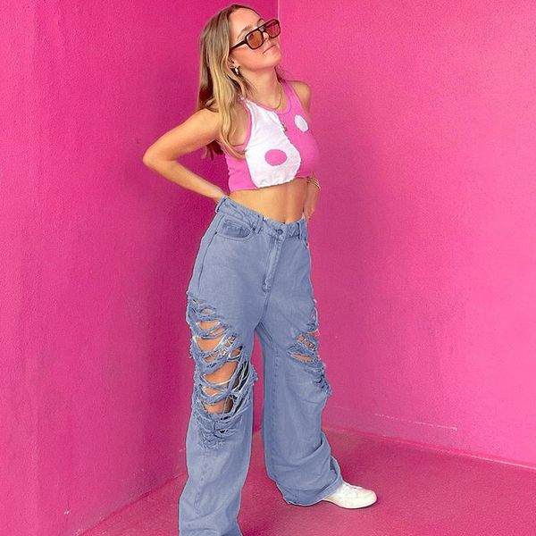 

streetwear ripped baggy blue y2k jeans for girls high waist vintage wide denim pants women fashion 2021trousers female capris women's