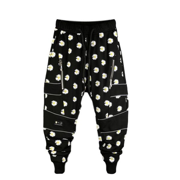 

idopy 2021 fashion harem pants streetwear floral printed elastic waist trousers striped joggers with zippers men's, Black