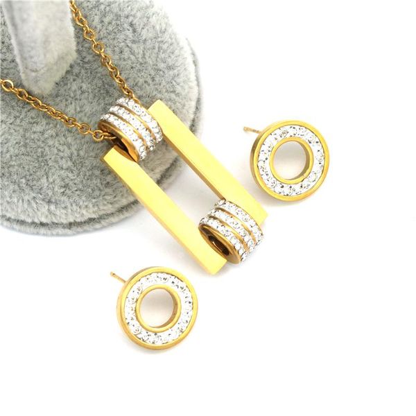 

earrings & necklace stainless steel geometric jewelry sets fashion gold color zircon pendant set for women gift, Silver