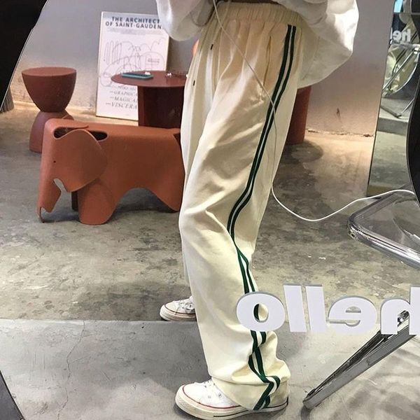 

women's pants & capris women casual fashion preppy style elastic high waist loose wide-leg trousers full-length side stripe street wear, Black;white