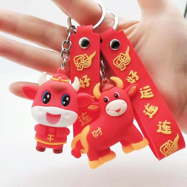 

2021 fashion keychain new year of the ox gift zodiac bull doll funiu key ring facai niucai shenniu bag pendant gift, Silver
