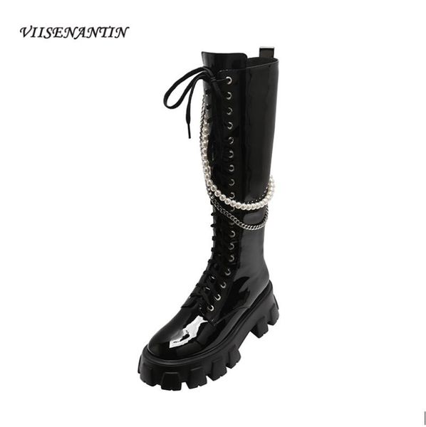 

boots but knee knight 2021 fall/winter round head sponge cake thick-soled cross-lace pearl chain high-tube women's, Black