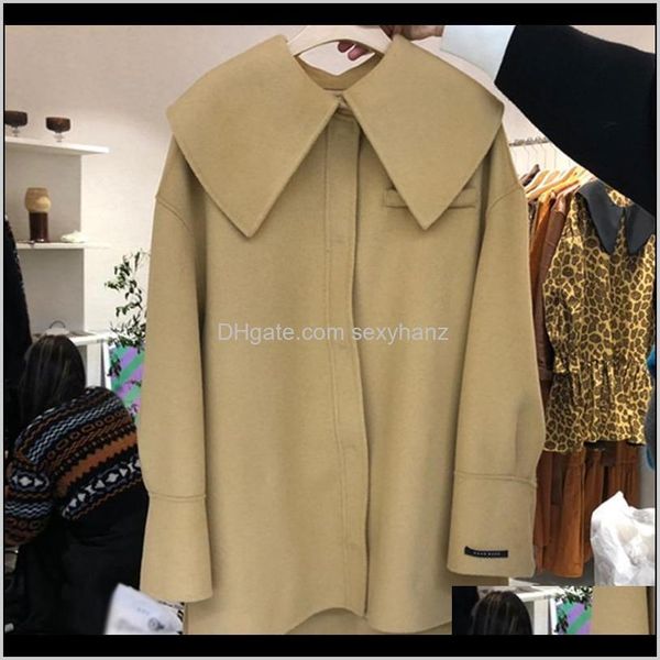 

wool blends outerwear & coats womens clothing apparel drop delivery 2021 [ewq] winter female fashion casual turn down collar long-sleeved mi, Black