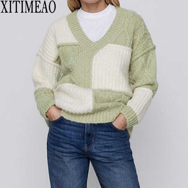 

za autumn winter women pullovers sweaters jumper simple style soft warm female lattice splicing v-neck loose knitted sweater 210602, White;black