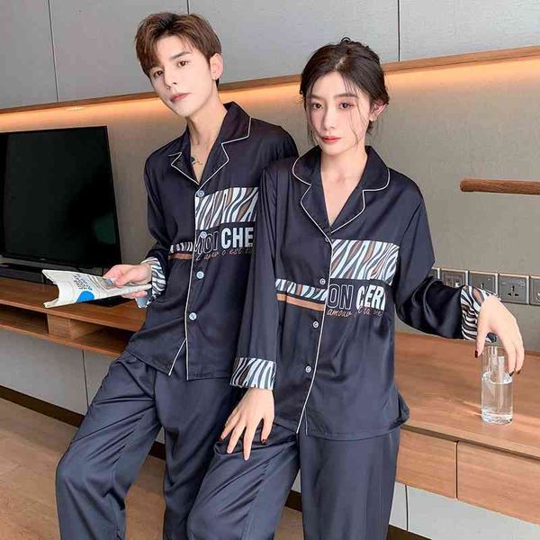 

women's sleepwear spring autumn lovers' pajamas satin ice silk loungewear pyjamas loose home suits with pants button-down 8dxs, Black;red
