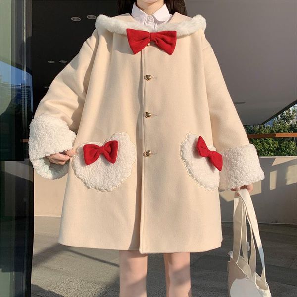 

women's wool & blends japanese soft girl cute sailor collar jk coat autumn winter women sweet bow double pockets warm lolita outwear ch, Black