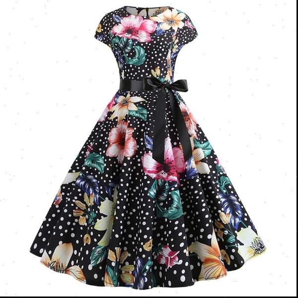 

summer robe 50s 60s women dress vintage pin up swing rockabilly floral print black plus size casual beach midi vestidos, Black;gray