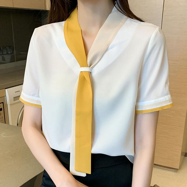 

women blouses blouse 2021 v-neck office chiffon shirt short sleeve shirts blusas mujer d330 women's &, White