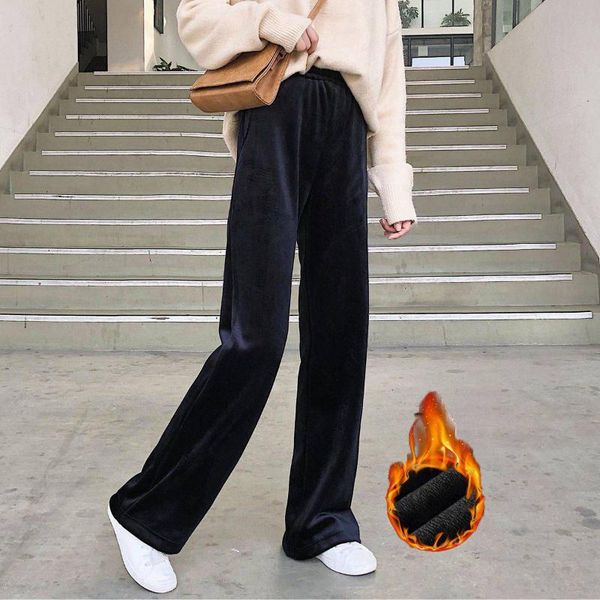 

women straight pants winter lambskin cashmere warm female casual lined fleece trousers autumn wide leg women's & capris, Black;white