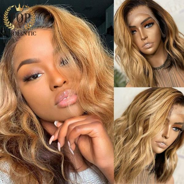 

lace wigs ormantic body wave t part wig for women ombre color remy human hair short bob with baby, Black;brown