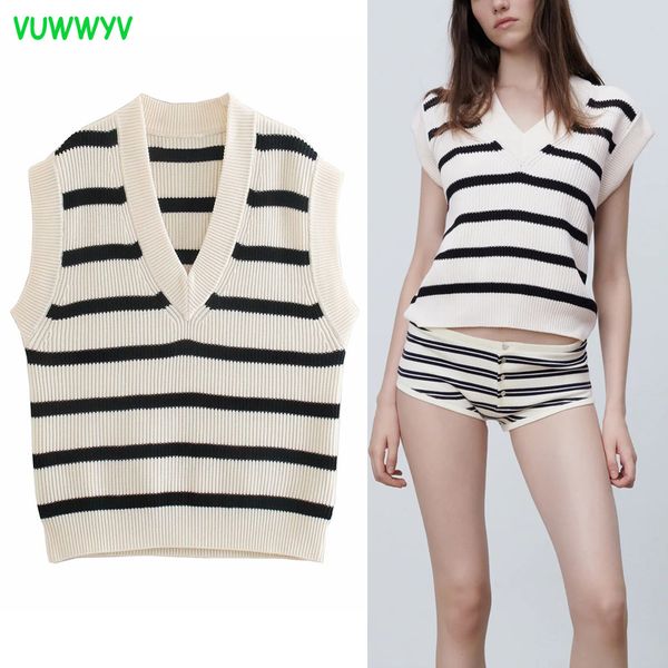 

vuwwyv white black striped knitted vest female spring casual oversized sweaters woman ribbed smock designed streetwear 210430, Black;white