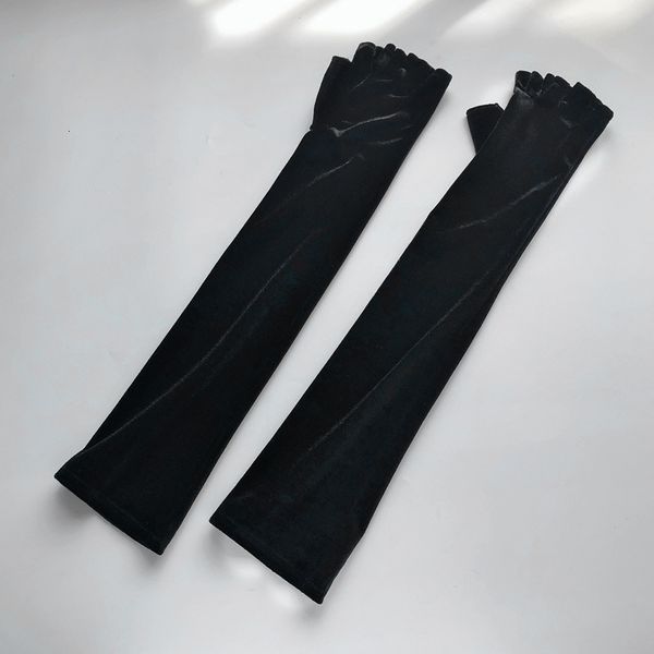 

gloves golden velvet half finger women' long autumn and winter warm flannel arm sleeve evening dress etiquette, Blue;gray