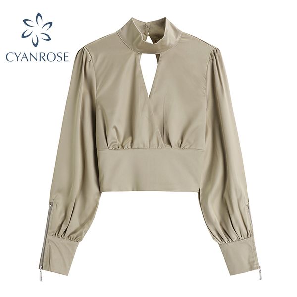 Satin Vintage Party Club Cross Blouses Женские сексуальные рубашки для женщин Сексуальные рубашки Отдых Элегантная Без спинки Slim V-шея Пустые выкидывающие шелковые Твердые Blusas Tops 210417