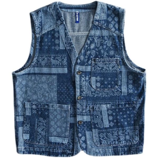 

fashion men's waistcoat japanese style flower printed mens vest retro multi-pocket tooling sleeveless jacket loose vests ww5017, Black;white