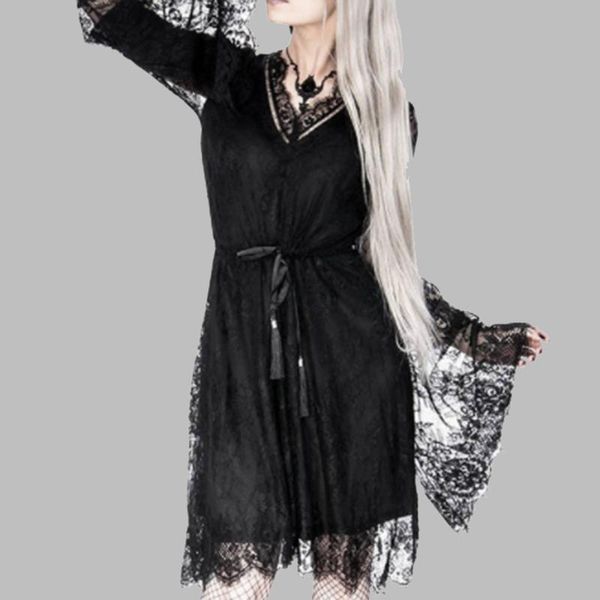

casual dresses autumn 2021 dress fashion high street gothic v-neck flared sleeves solid color lace perspective women's, Black;gray