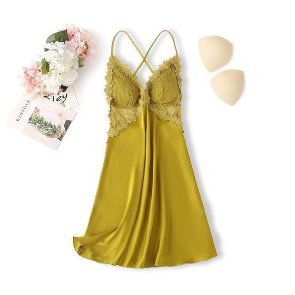 

women's sleepwear patchwork lace satin homewear yellow nightwear spaghetti sling women nightgown intimate lingerie casual home clothing, Black;red